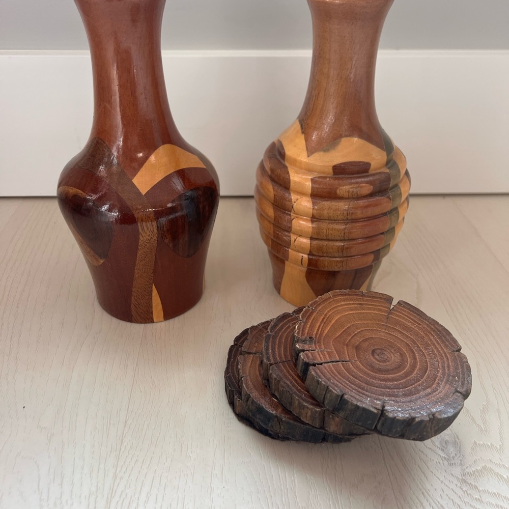 Handcrafted Costa Rican Wooden Vase Set + Rustic Wood Coasters | Boho Decor